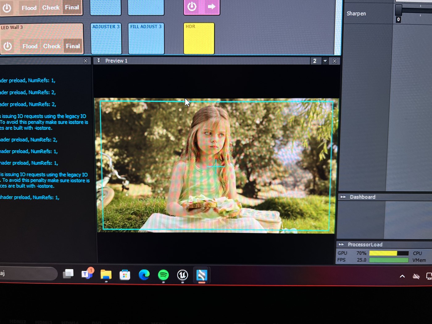 Preview showing moiré between the LED panels and the camera sensor - one of the artefacts an XR shoot has to be tuned against