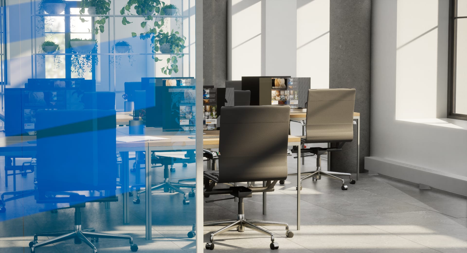 Virtual office set - glass partitions, workstations and natural light falling across concrete pillars