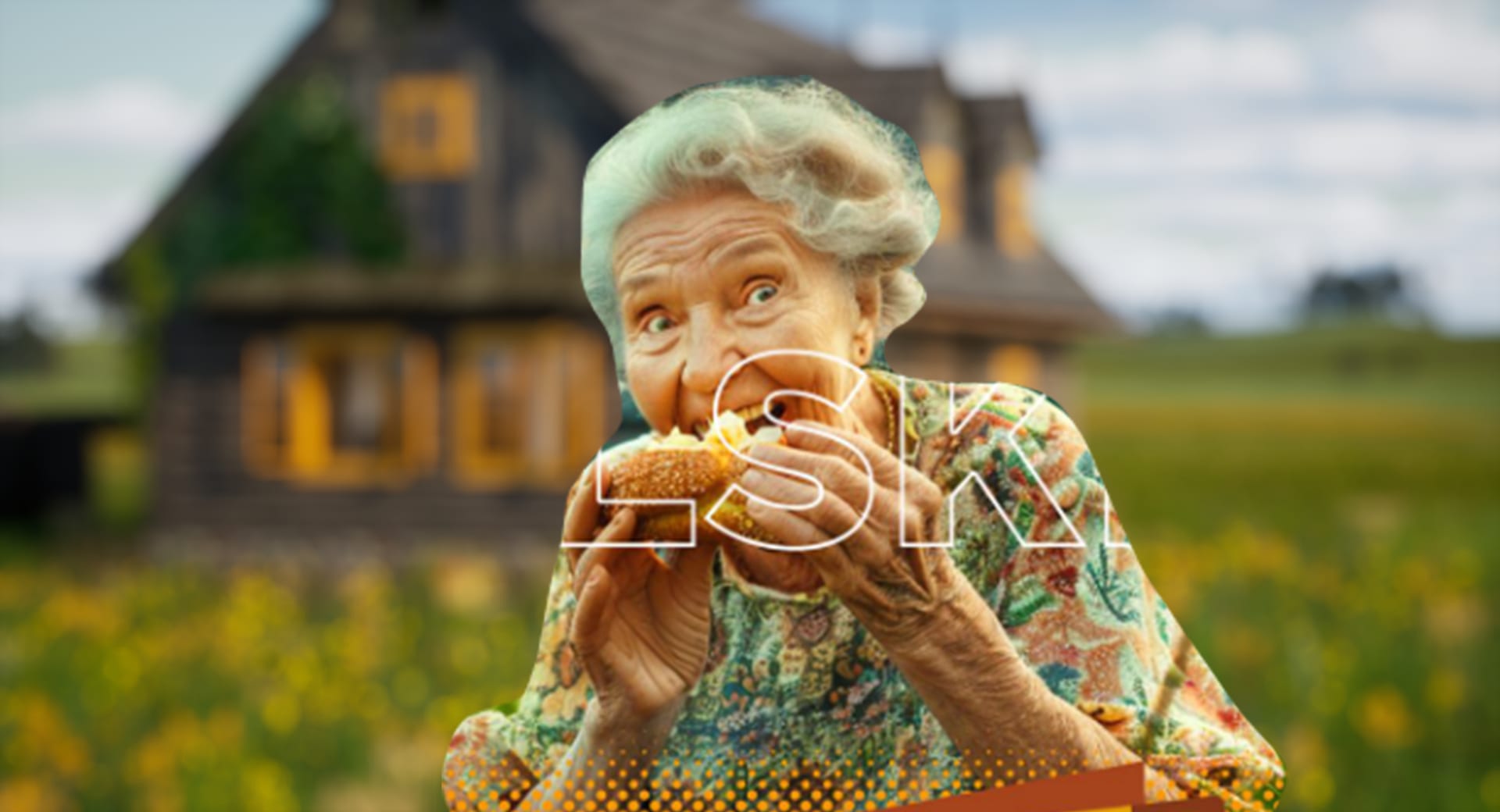 Campaign composite: the spot's lead against the cottage set, background defocused to match the camera optics
