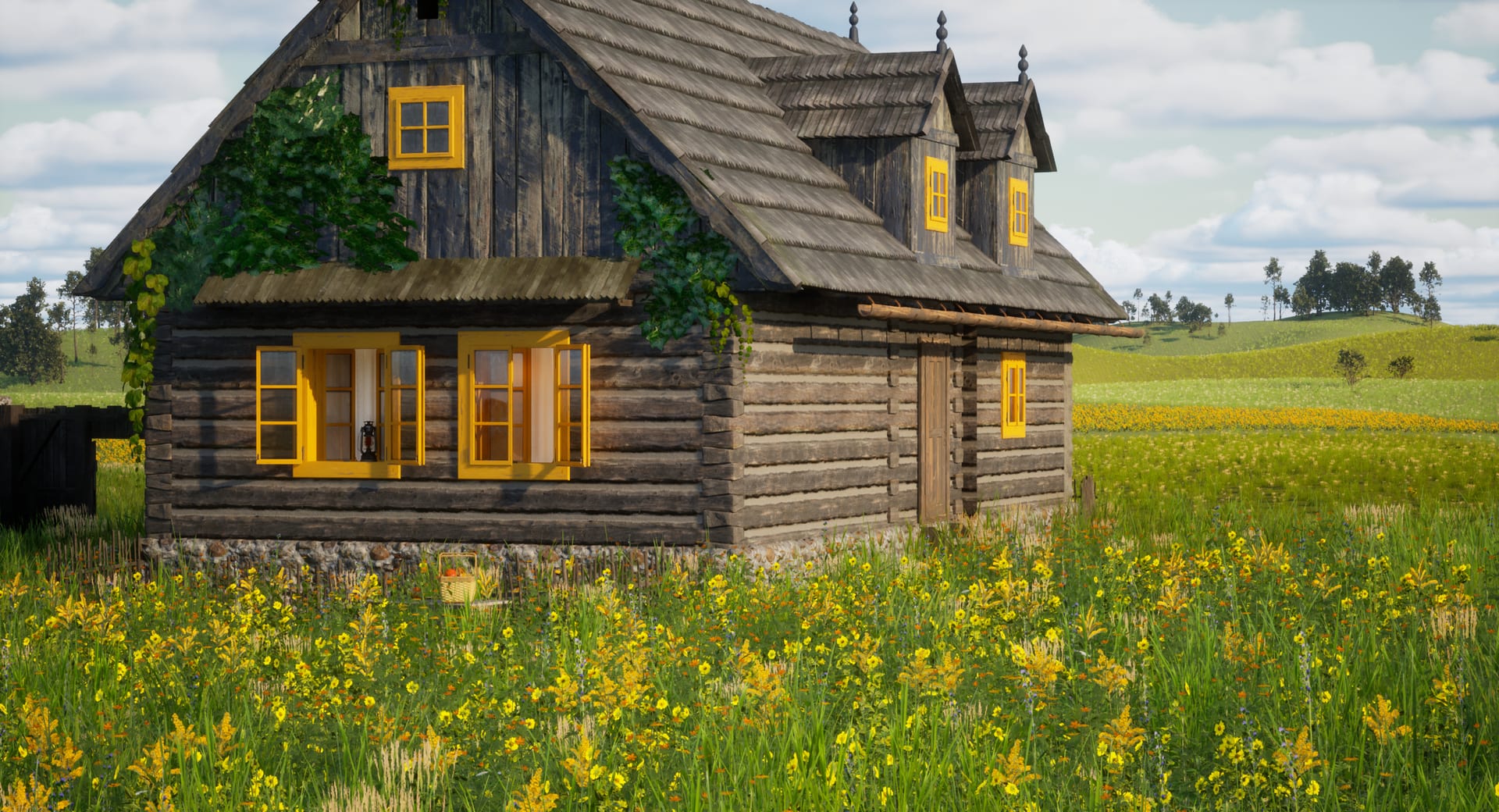 Virtual cottage set - a timber house with yellow window frames in a meadow full of flowers