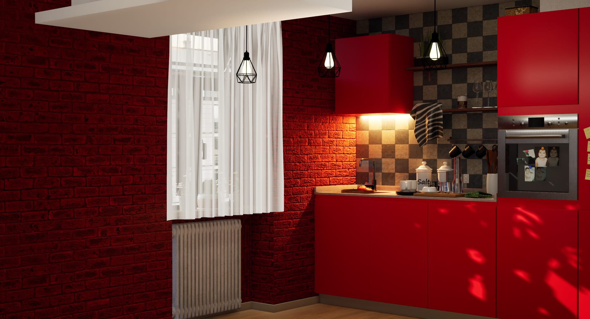 Virtual kitchen set - red brick, fitted cabinets and warm evening light