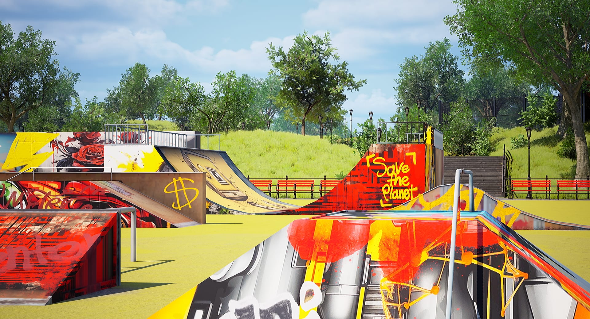 Virtual skatepark set - graffiti-covered ramps against greenery and a summer sky