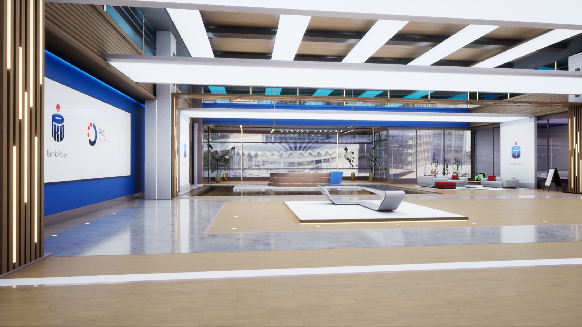 The virtual studio: a bank interior built in Unreal Engine, with the presenter desk on a lit podium and the city visible through the glazing
