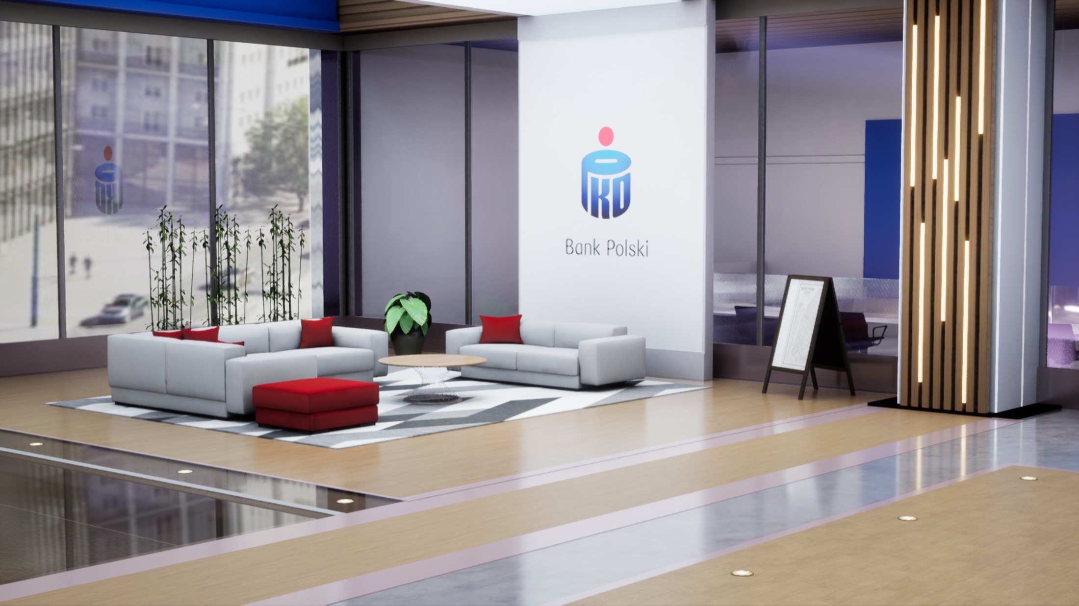 The seating area, with the bank's identity on the wall and the street visible outside
