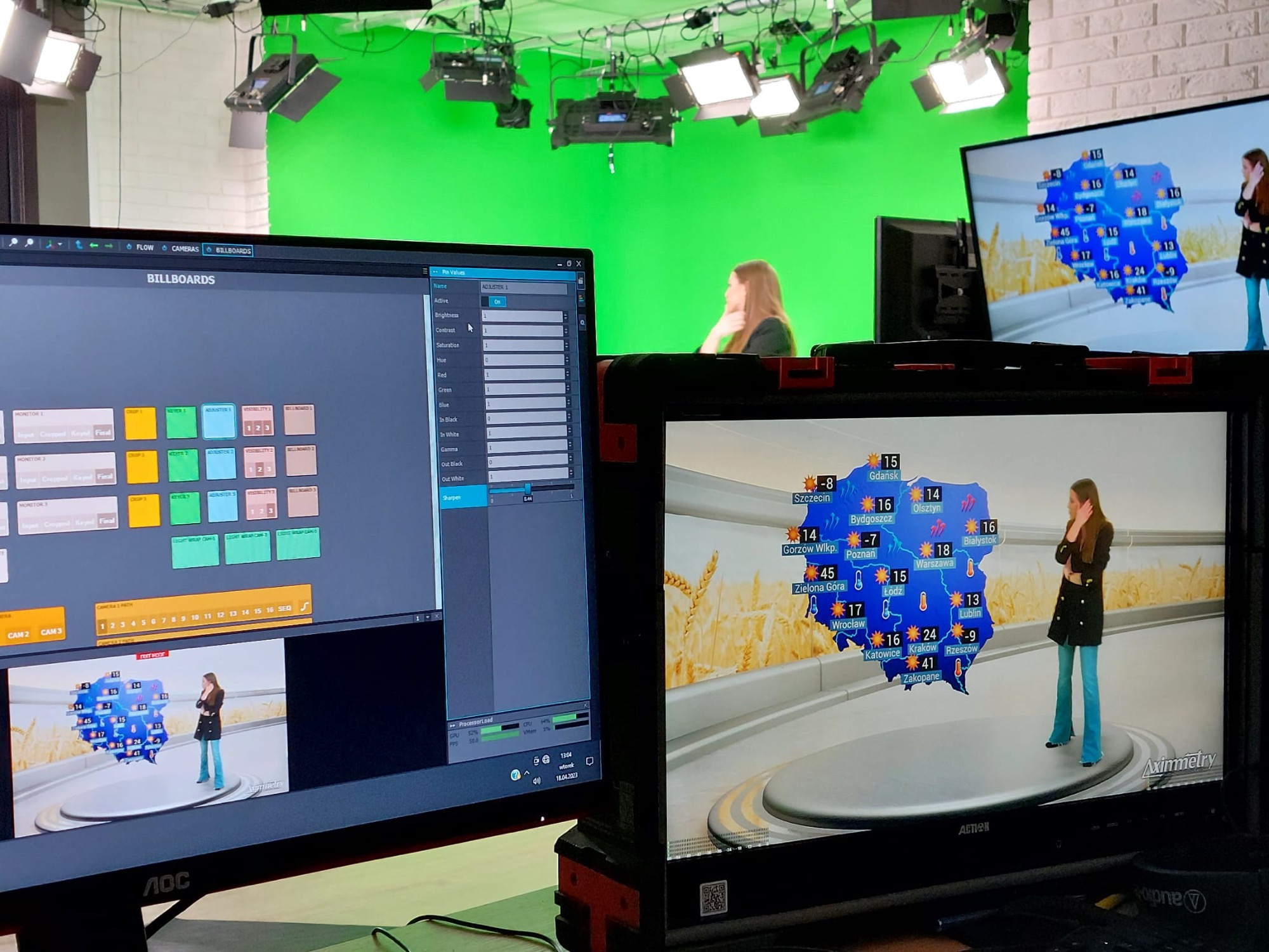 The system running: presenter on the green screen, the Aximmetry control panel on the left, and the composited broadcast output on the right