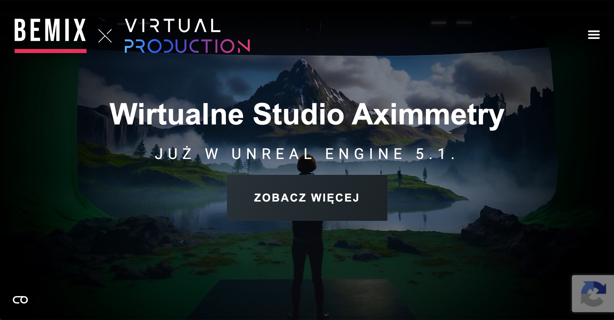 Bemix Media's virtual production site, presenting the Aximmetry virtual studio they supply. Screenshot of the partner's own website.