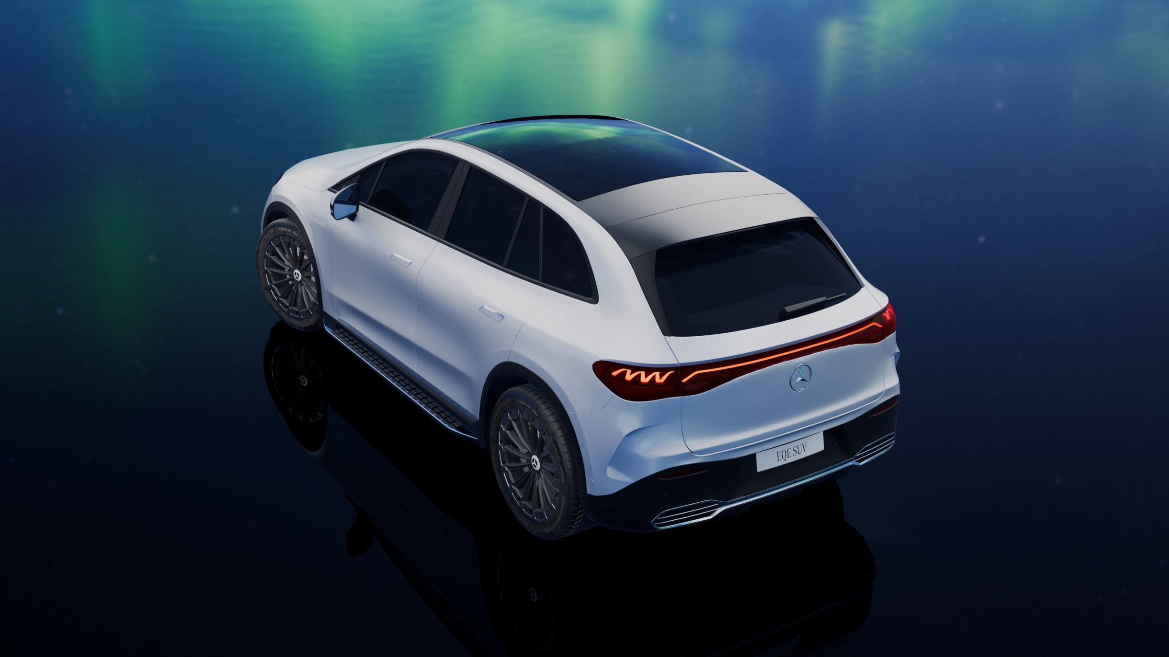 High rear three-quarter view of the electric SUV