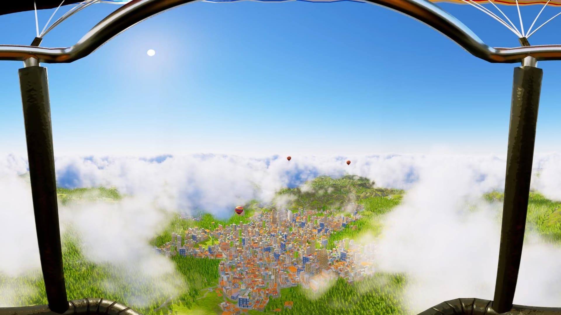 360 frame: view from a hot-air balloon basket, a city and forests far below among the clouds