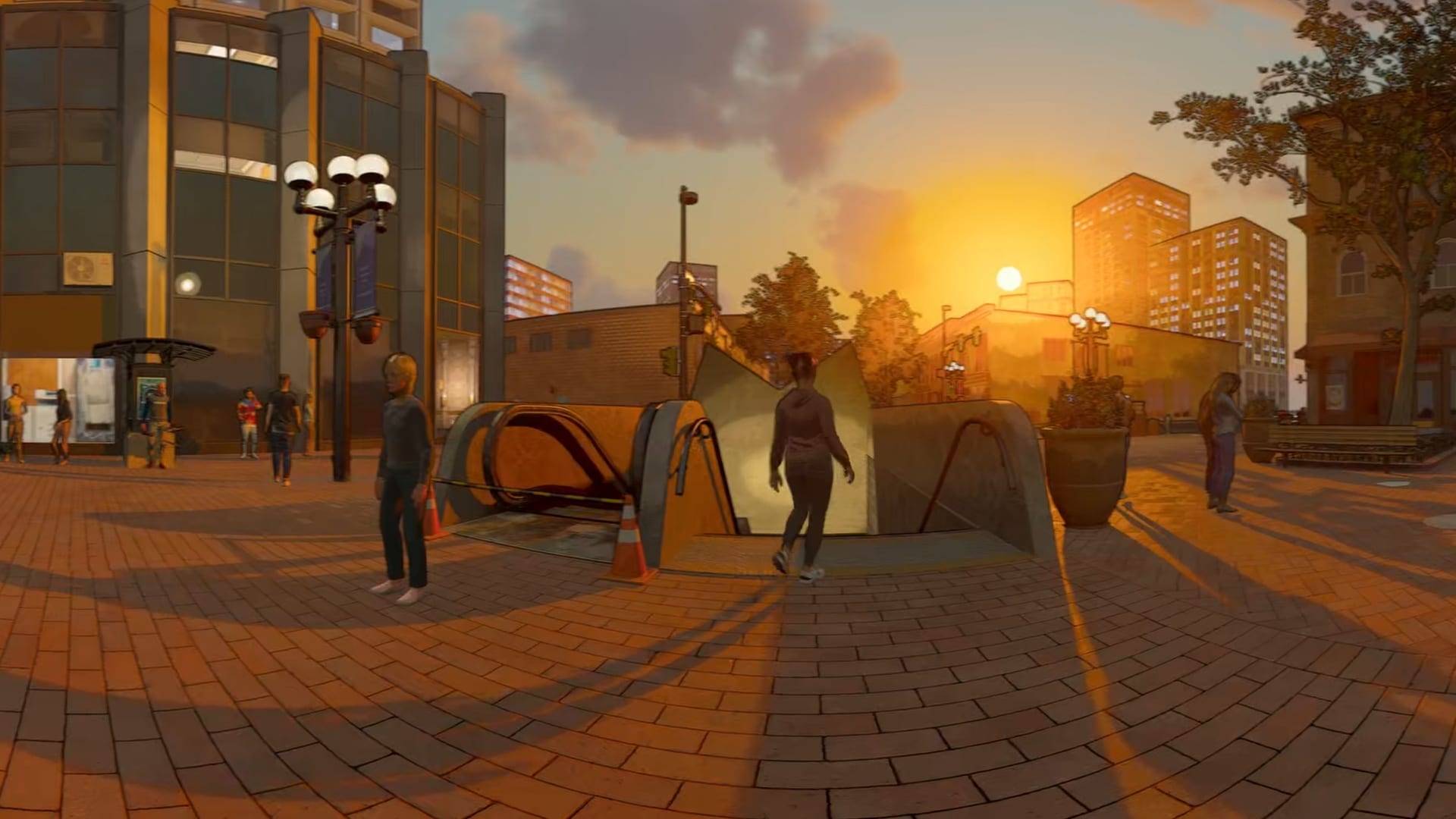 360 frame: a city square at sunset, animated passers-by walking towards a subway entrance