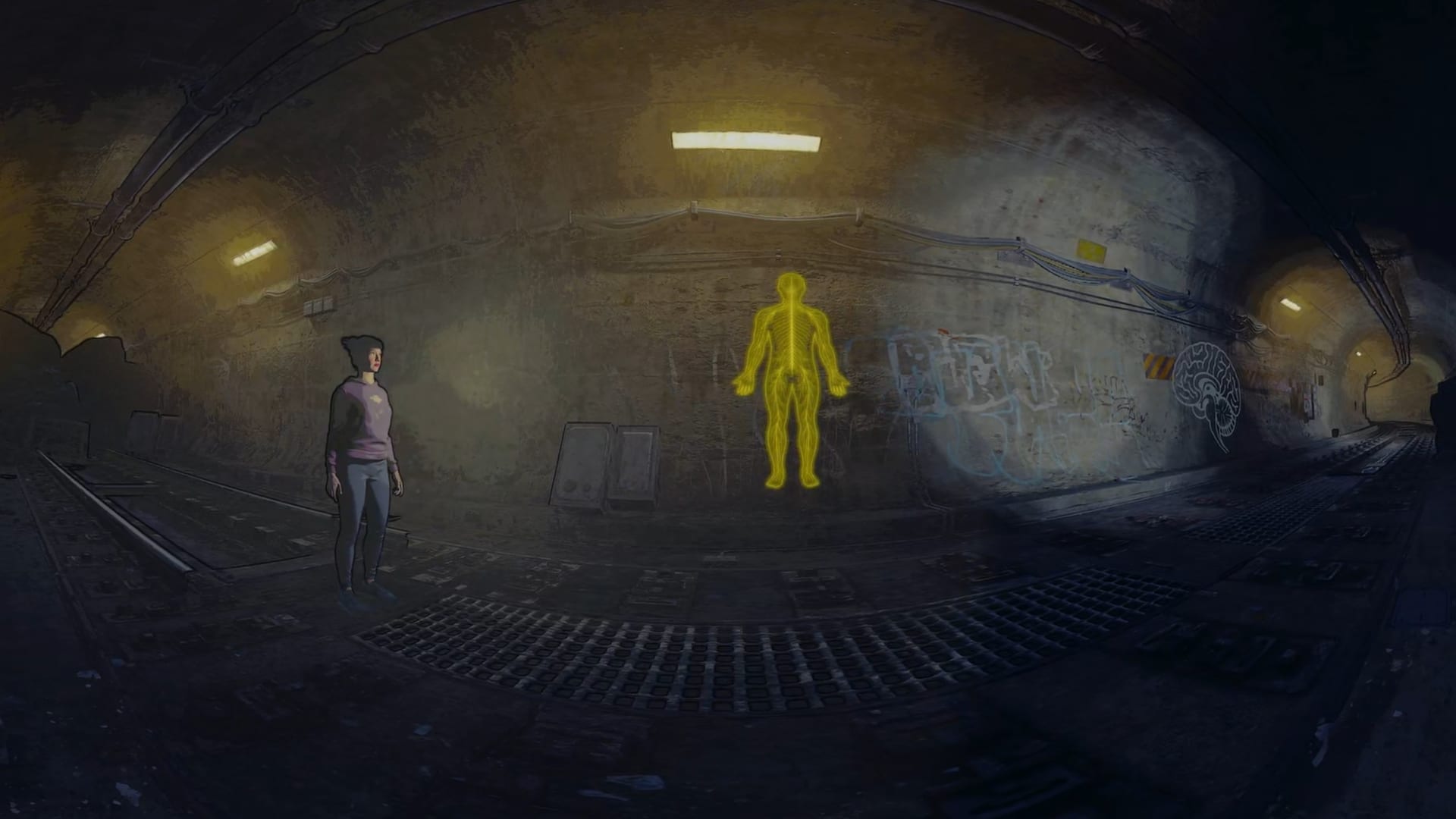 360 frame: a subway tunnel with a glowing outline of the human nervous system on the wall