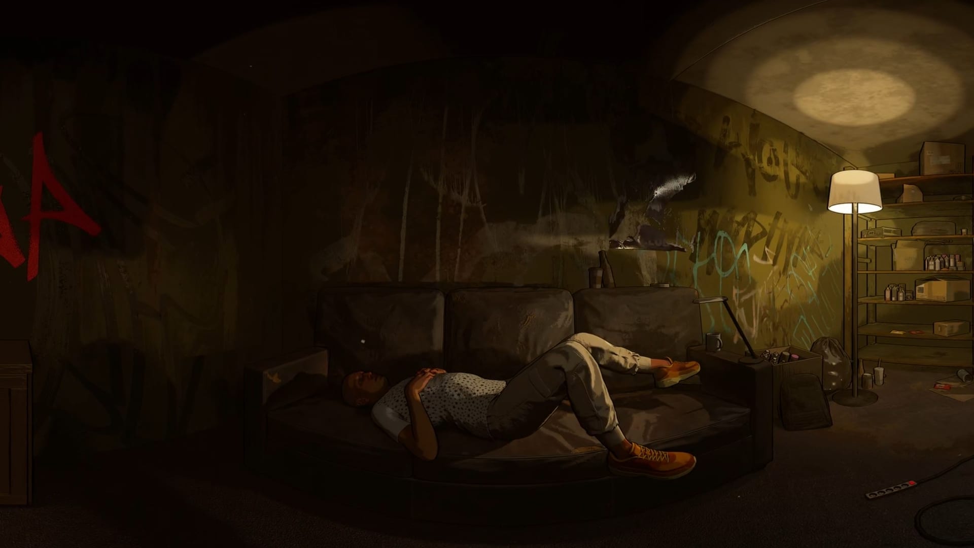 360 frame: a dim squat interior, the protagonist lying on a couch under a single lamp