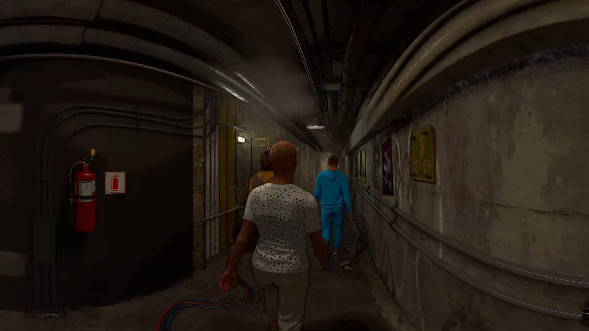 360 frame: following the crew through a concrete underground corridor