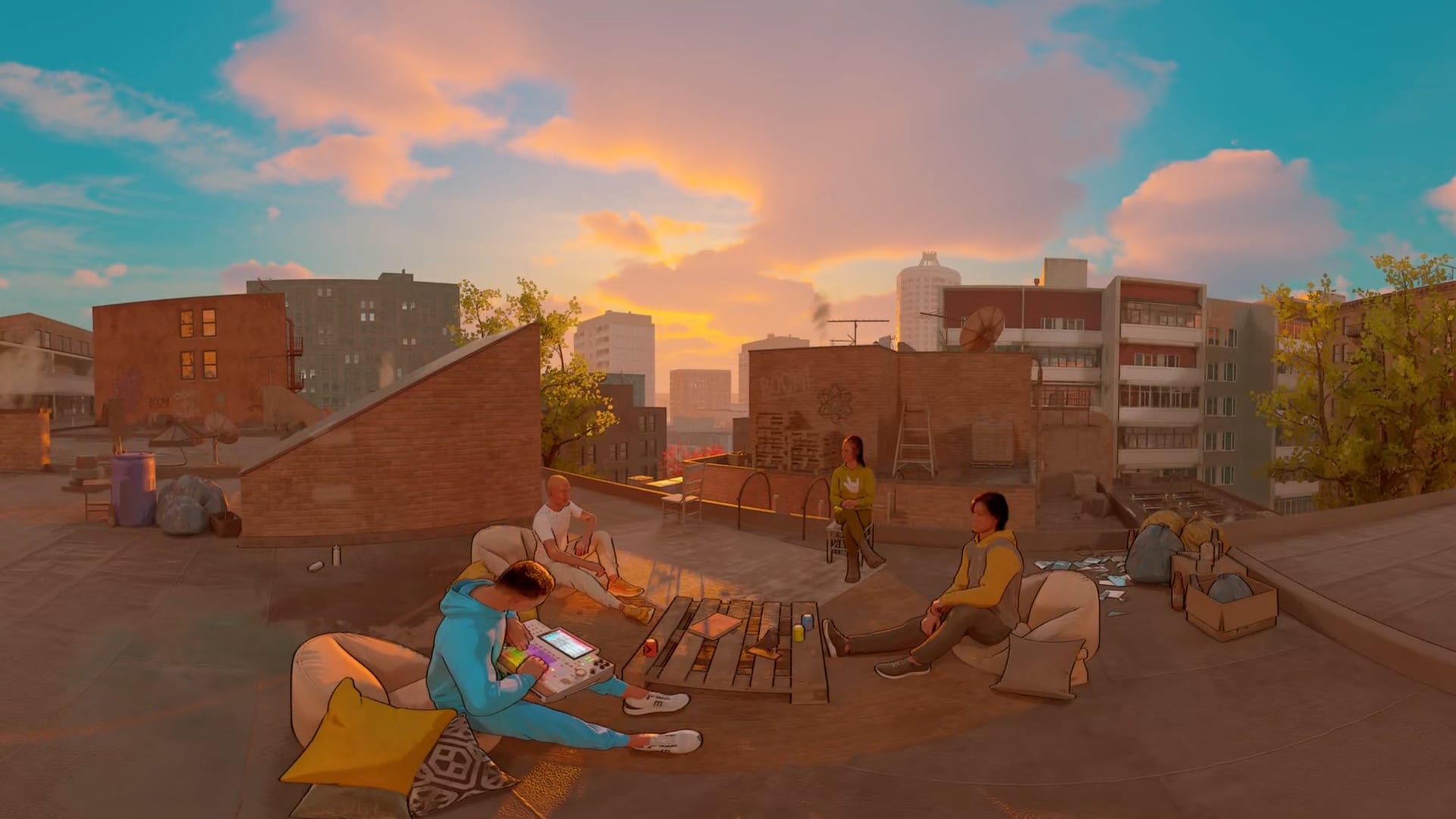 360 frame: friends on a rooftop at sunset, one of them making beats on a sampler