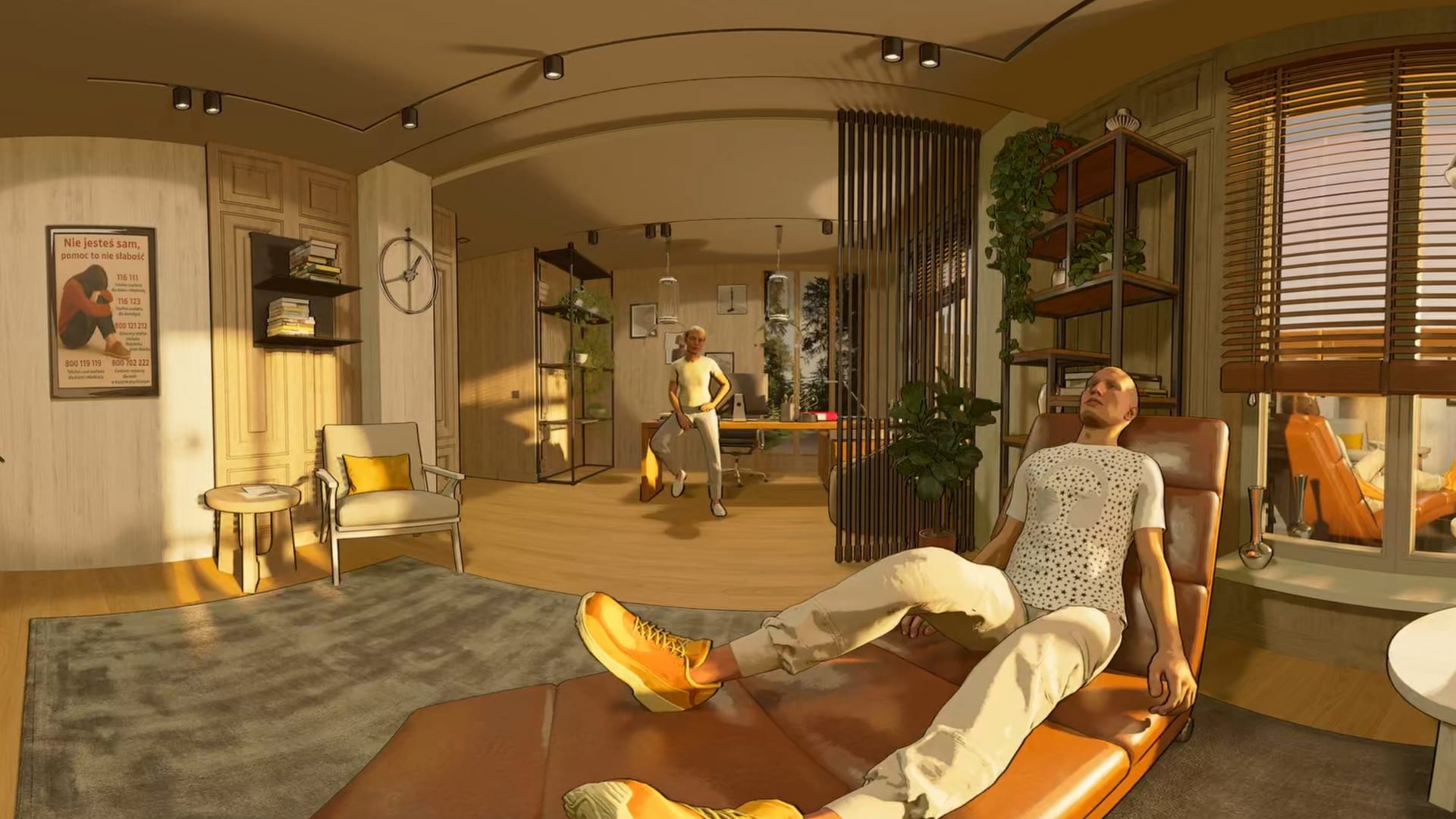 360 frame: a therapist's office in warm light, the protagonist on a chaise longue
